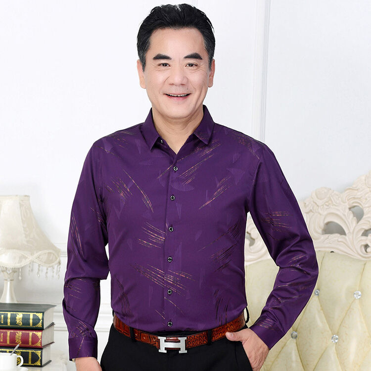 利群羊新款商务宴会中老年男士长袖男式衬衫爸爸装 紫色 165/105