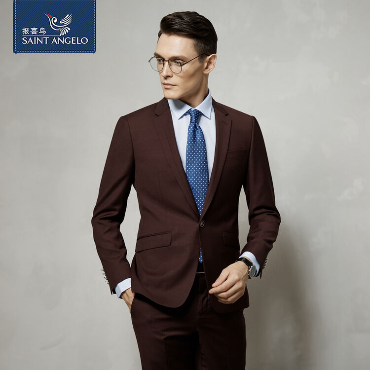 报喜鸟秋季新款男士商务结婚西服套装 都市宴会晚会时尚青年西装 暗红