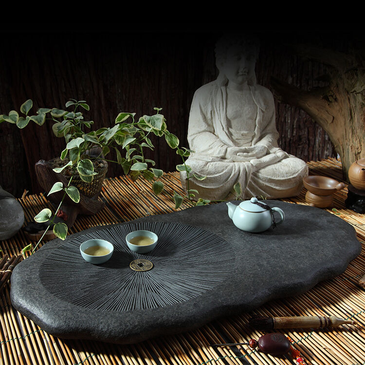 上古整块乌金石茶盘石头黑金石茶海复古大茶台石雕功夫茶具排水式