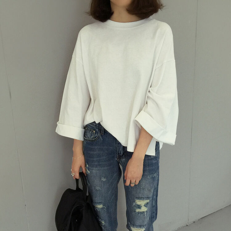 梦韵诗moonrins中长袖t恤女学生韩版七分袖bf宽松00后开学季宽袖上衣