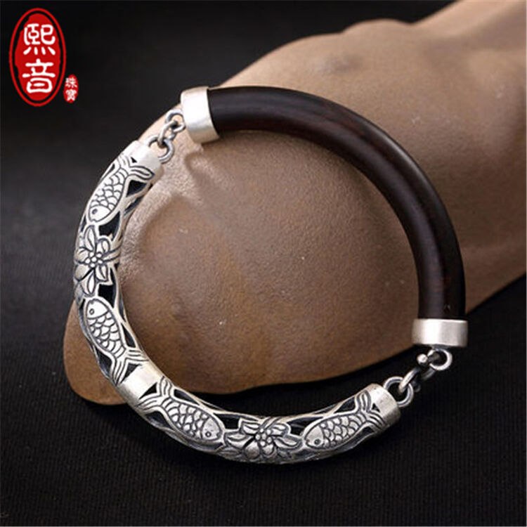 熙音 双鱼莲花黑檀木手镯 女款