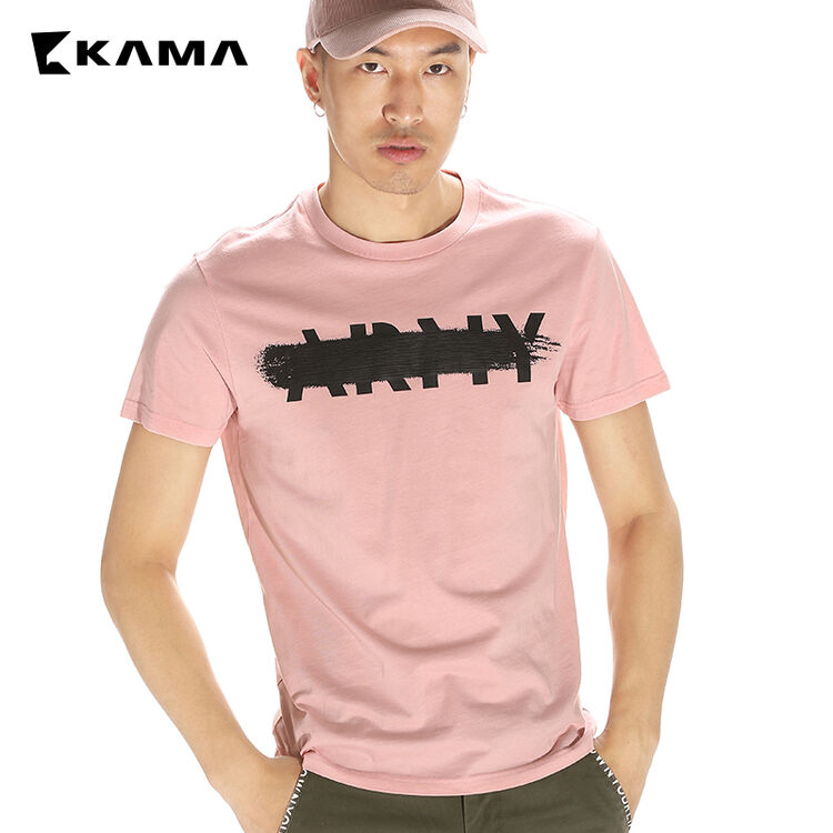 kama男士装 卡玛夏季纯棉色休闲圆领半短袖t恤印花体恤衫2217539 粉红