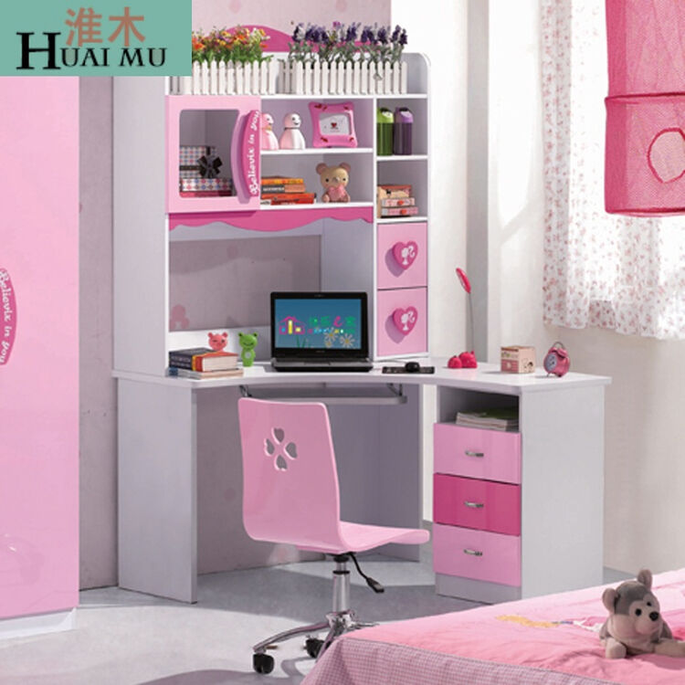 淮木(huaimu)粉色书桌孩子电脑学习卧室公主桌写字台书桌带书架家具