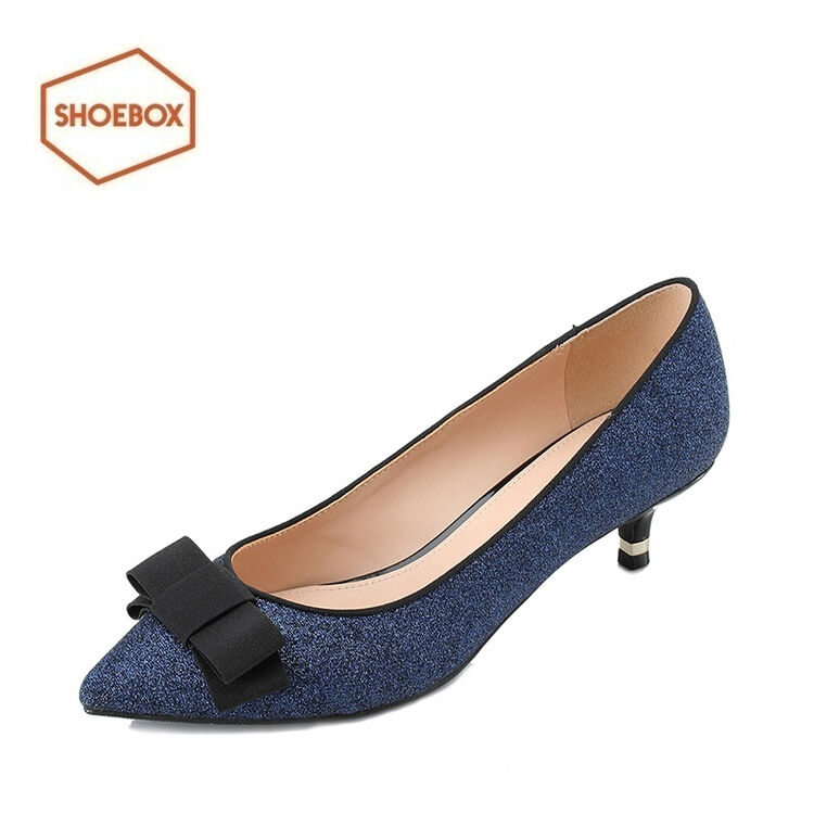 鞋柜/杜拉拉2017春季新款酒杯跟时尚优雅尖头蝴蝶结中跟女鞋单鞋 蓝色