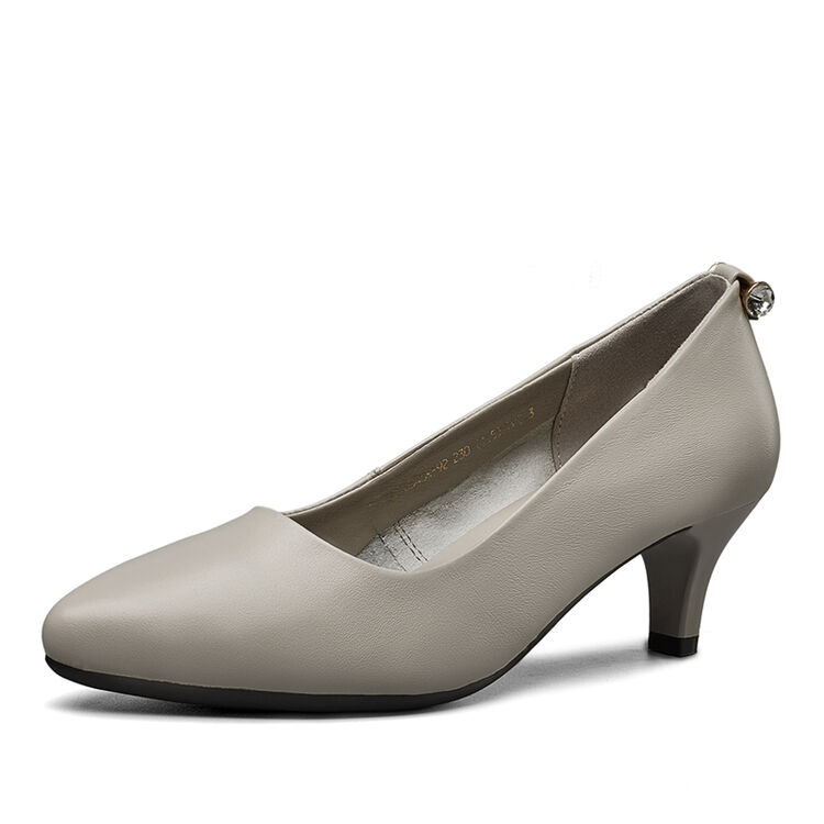 意尔康女鞋简约舒适高跟皮鞋浅口通勤女单鞋7551de26546w 浅灰 37