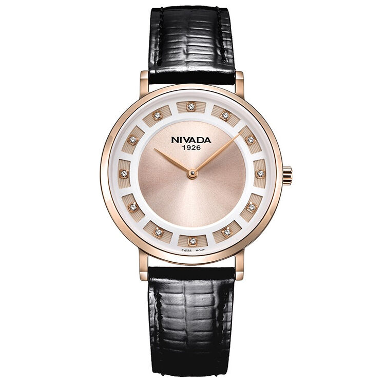尼维达(nivada)手表 水钻系列石英女表玫瑰金盘黑皮带 lq8027-186167