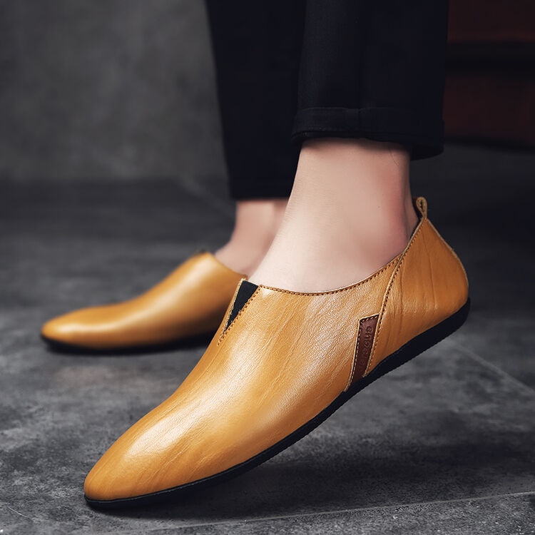 杰拉格男士休闲皮鞋青年薄底真皮英伦鞋子男懒人鞋四季套脚豆豆鞋 浅