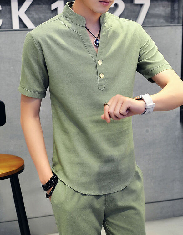 【棉麻套装】【上衣 裤子】2017夏季新款时尚韩版修身亚麻立领套装大