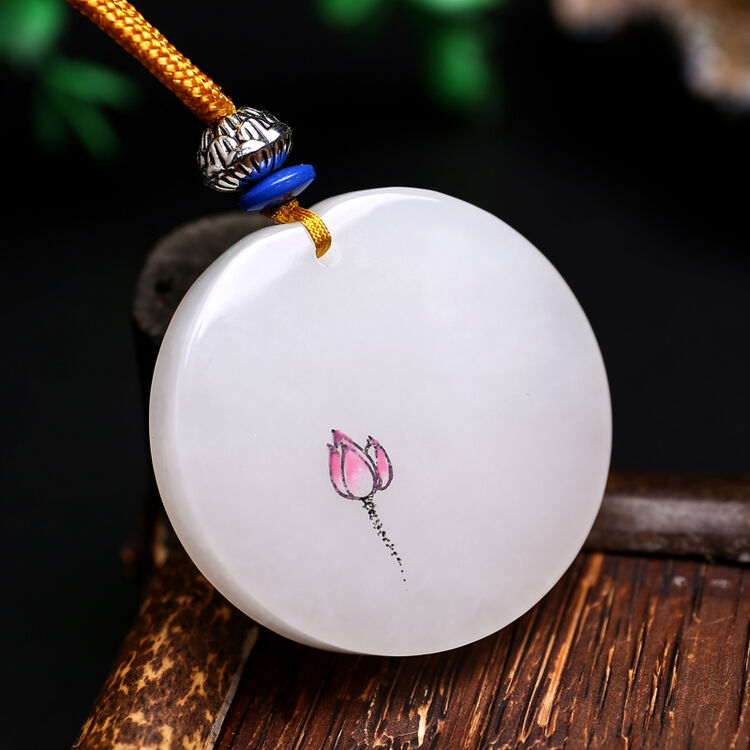 【合并到yx194003】和田玉白玉吊坠荷花圆形玉佩 女款玉石牌子 玉雕