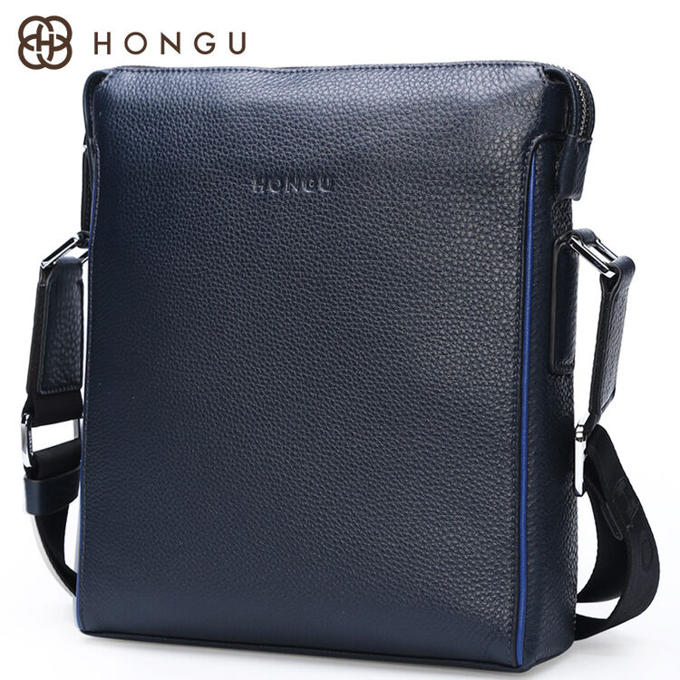 红谷hongu男士单肩包休闲男包牛皮斜挎包商务男包 靛蓝