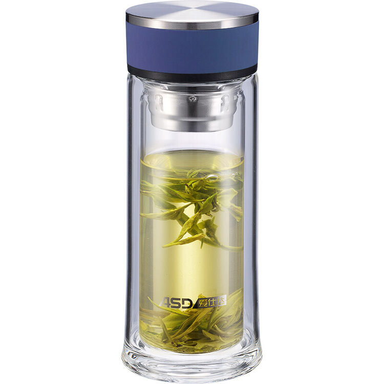 爱仕达asd玻璃杯幽水系列双层隔热防烫带盖水晶杯380ml便携式蓝色gcb1