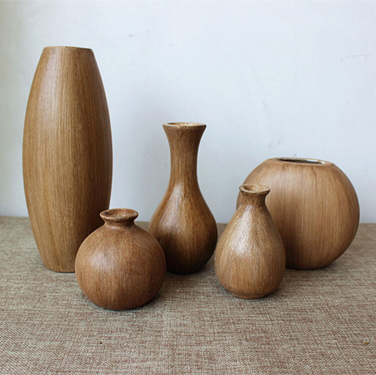 木质花瓶插花 摆件客厅欧式复古 木插花器 卧室咖啡店装饰花瓶 一套5