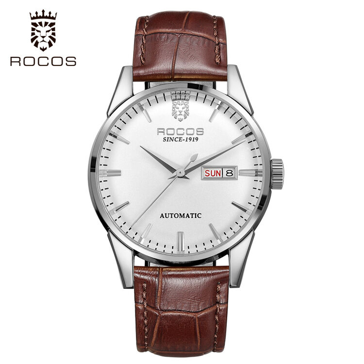 雷克斯(rocos)手表男士全自动机械男表时尚商务皮带防水手表 银壳白面