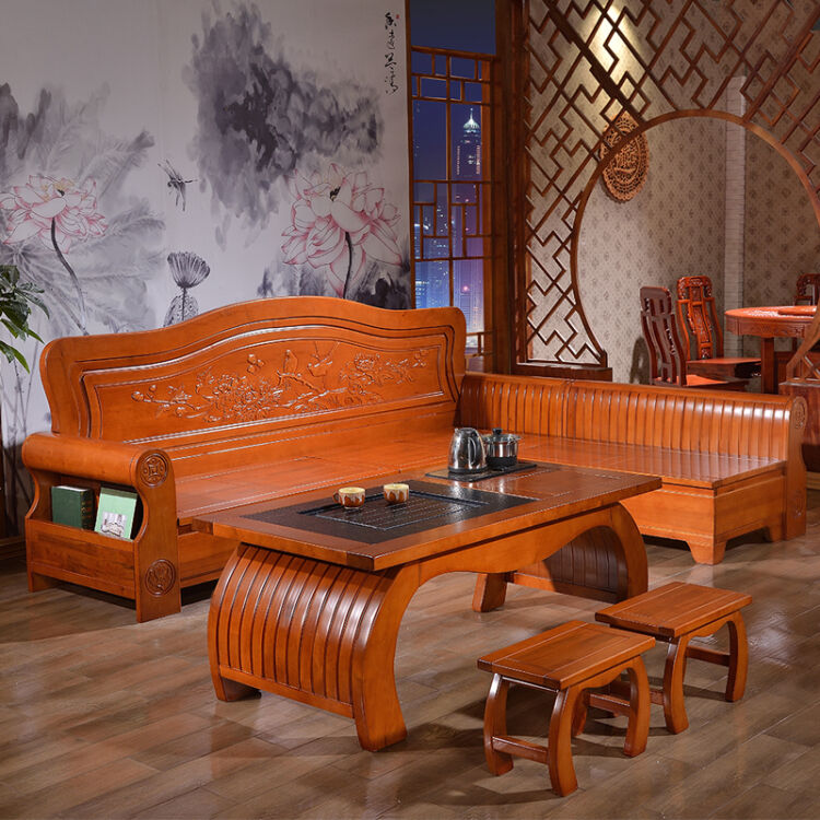 桦展多邦 实木沙发 桦木沙发组合 明清古典全实木家具客厅沙发 仿古木