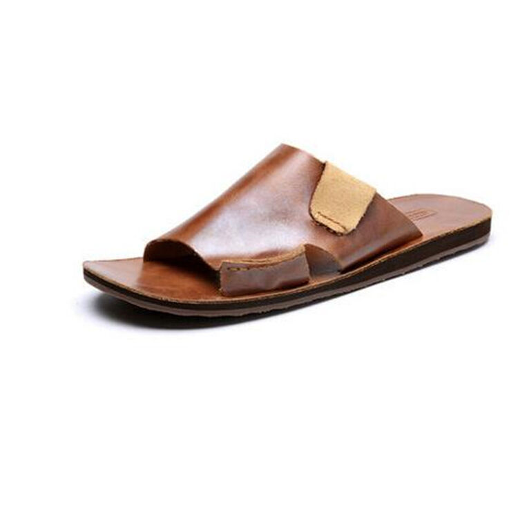凉拖鞋皮拖鞋男士拖鞋一字拖男牛皮沙滩拖 经典棕 39