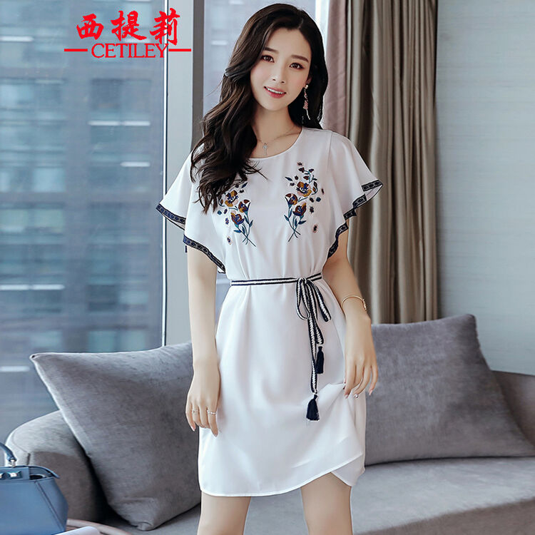 西提莉民族风刺绣连衣裙2017夏季新款女装复古气质淑女修身显瘦短裙