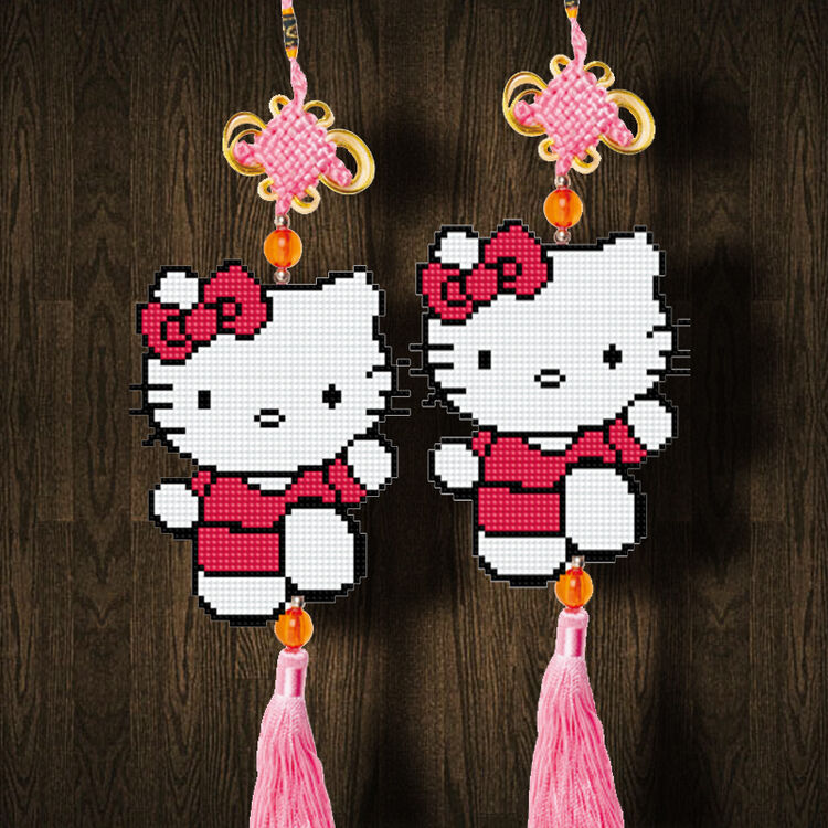 卡通汽车挂件 精准印花十字绣套件 手工刺绣珠绣中国结 粉红kt猫p092