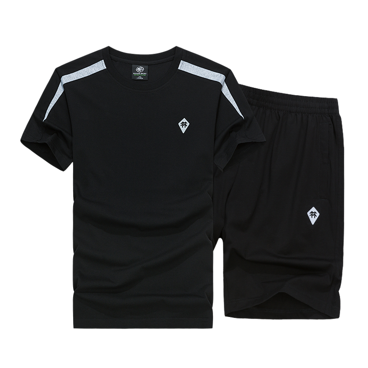 波克运动套装春夏男短袖短裤跑步健身足球篮球服 黑色 l/165