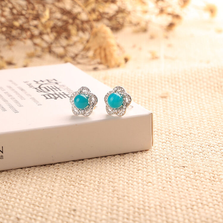 玉海奇葩 天河石女款耳钉925银镶嵌圆形天河石耳环耳饰复古首饰饰品