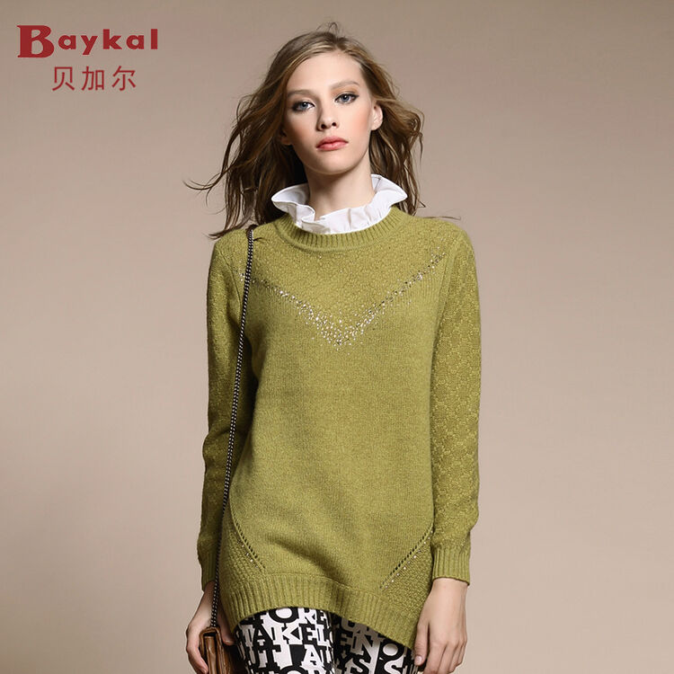 baykal/贝加尔秋冬羊绒衫荷叶领套头加厚包臀打底针织毛衣保暖英伦
