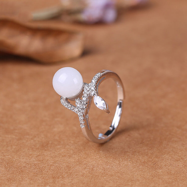 躬玉 和田玉白玉戒指女款925银开口个性指环白宝石戒指饰品