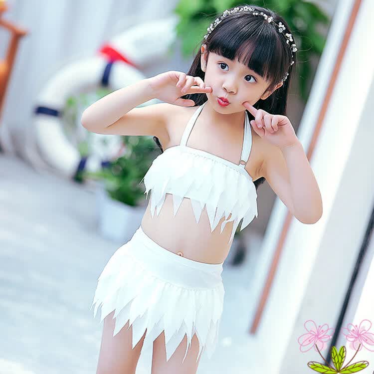 儿童游泳衣女童白色比基尼分体小中大童学生宝宝走秀 白色 xl