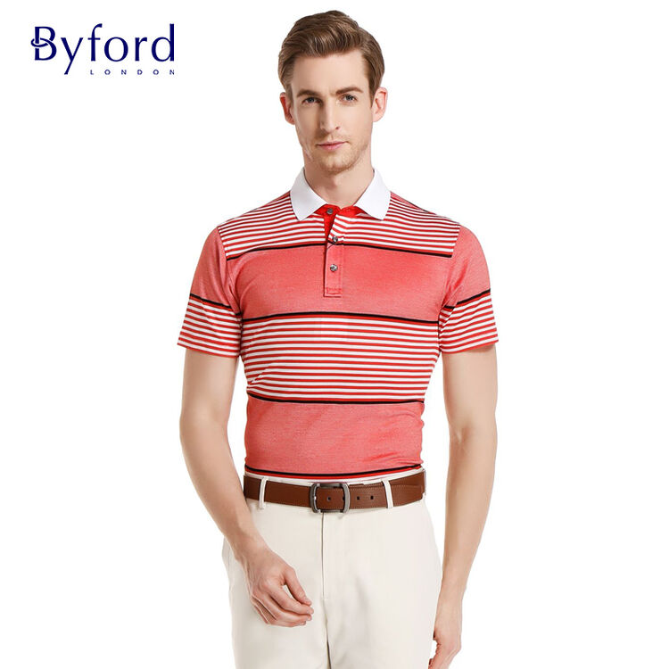 byford/百富男士短袖翻领t恤 条纹拼接短袖t恤polo衫男-mw82437 橙色