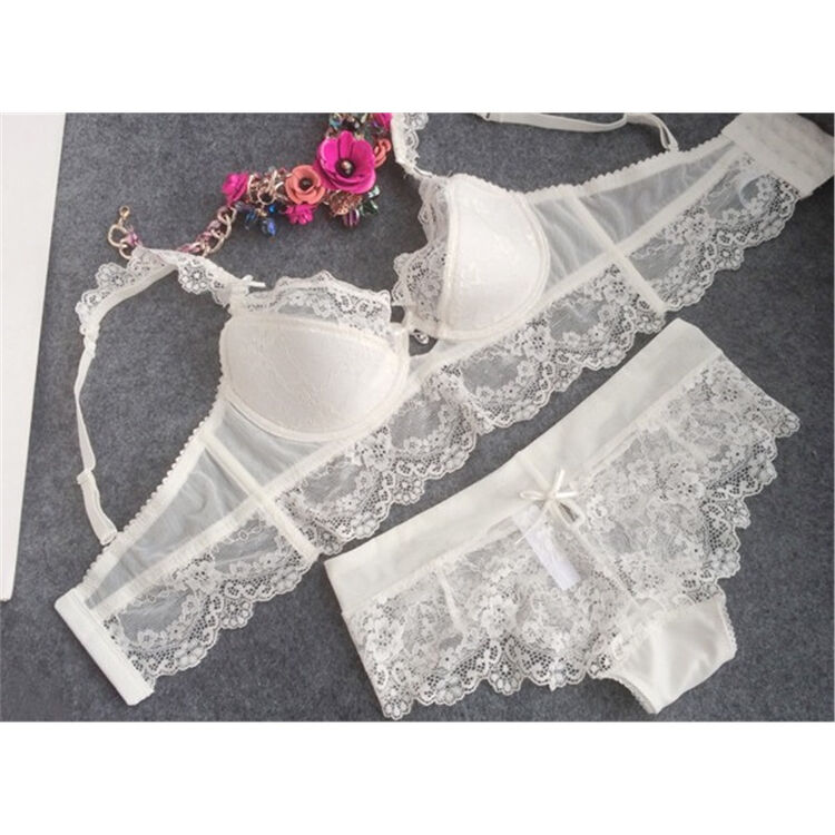 潮牌d杯透明薄杯调整型性感白蕾丝性感女士内衣大码文胸套装 白色 70a