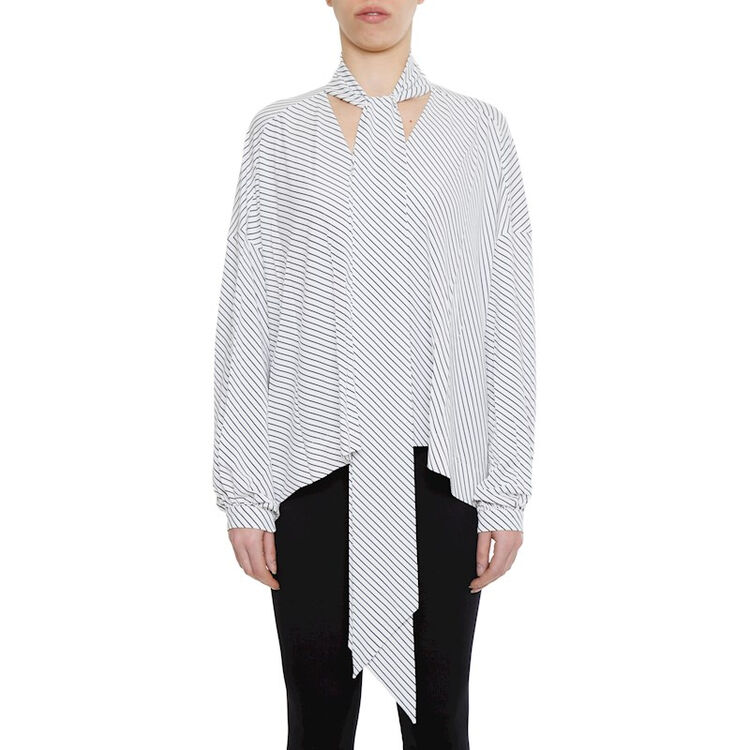 balenciaga/巴黎世家 女士白色条纹长袖宽松深v领领结宽松衬衫 白色