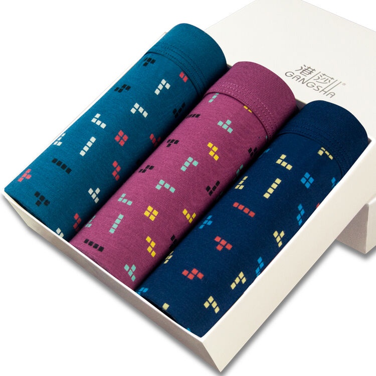 港莎 男士内裤 时尚印花莫代尔平角裤 男式中腰u凸透气四角裤 3条装 l