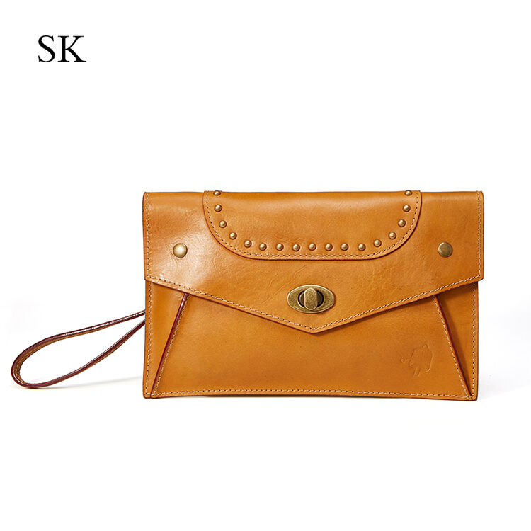 sk 女包真皮单肩斜挎包女士撞钉手拿钱包原创手工时尚牛皮包包女 棕色