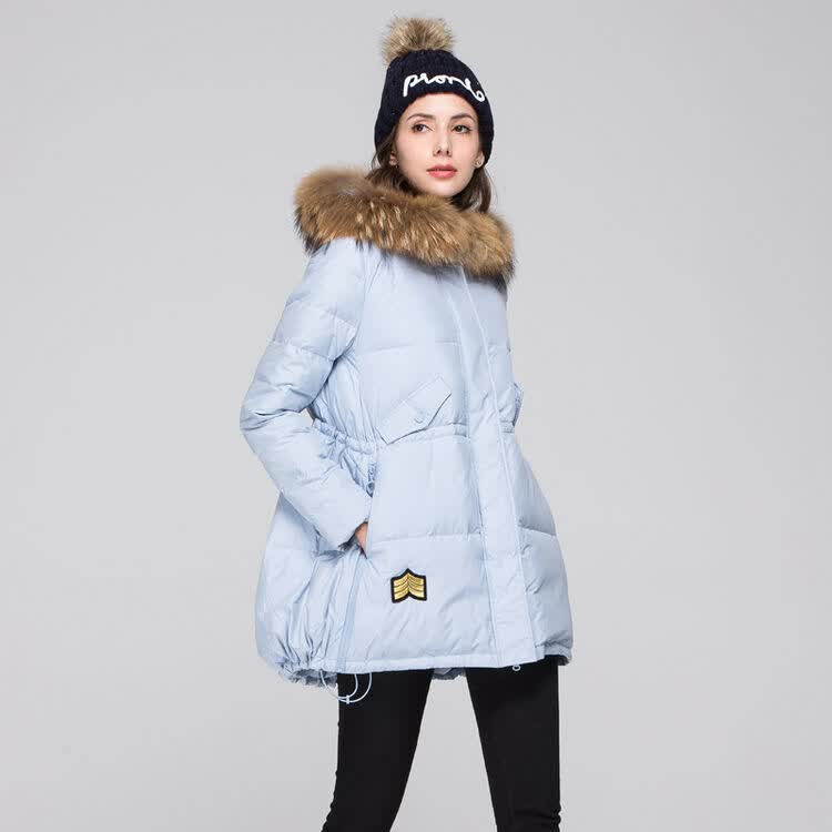 isre/艾尚雪秋冬新品 貉子连帽修身中长款羽绒服女装 蓝紫 xl/170