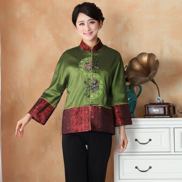 意璟阁 女唐装秋冬装上衣外套立领绸缎唐装上衣民族服饰 -2绿色 m