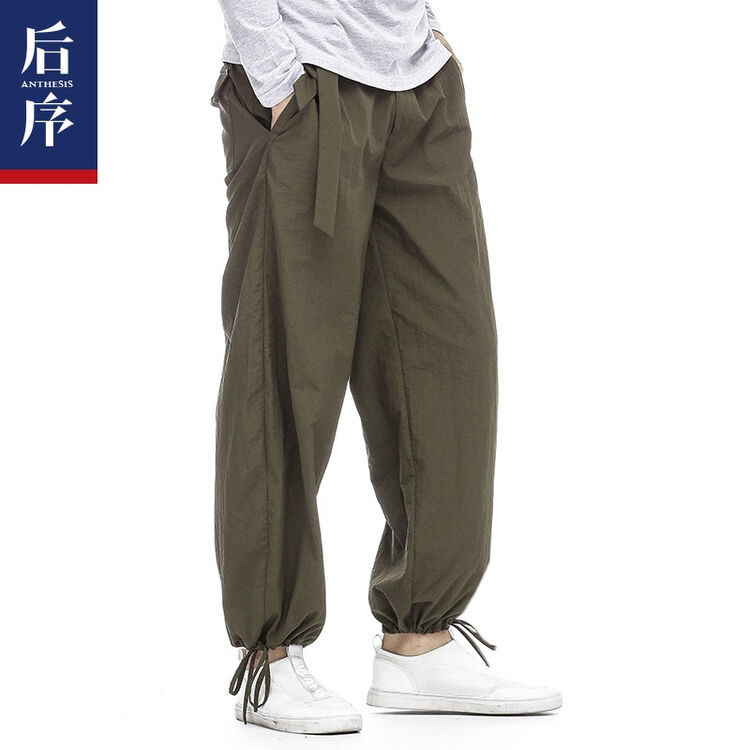休闲裤夏季阔腿裤男设计师原创宽松个性裤子 中国风男裤 陆军绿 175/l