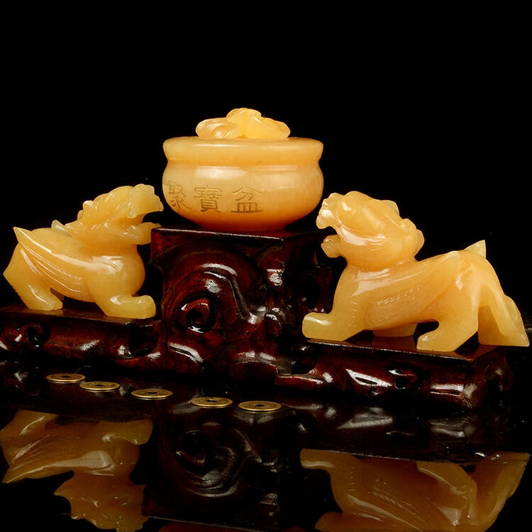 黄玉石貔貅阵摆件一对天然米黄玉聚宝盆元宝客厅风水摆设 貔貅20cm一
