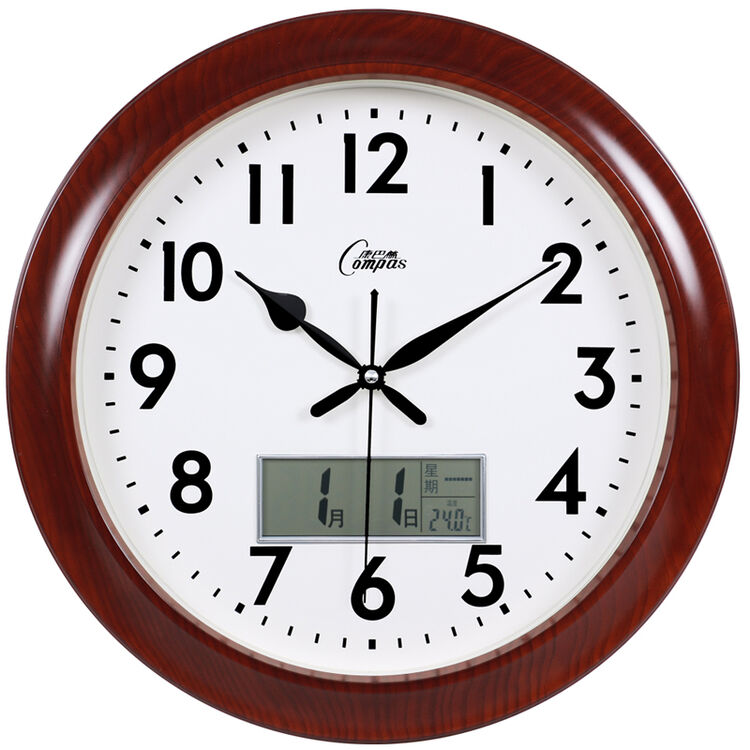 康巴丝16寸欧式钟表客厅创意办公静音挂钟石英钟万年历挂表 2822y仿木