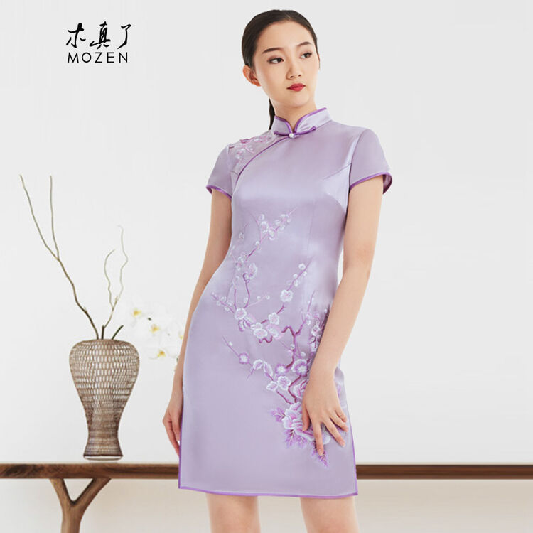 木真了2018新款中式复古梅花刺绣短旗袍裙女 0353 19浅粉色 l