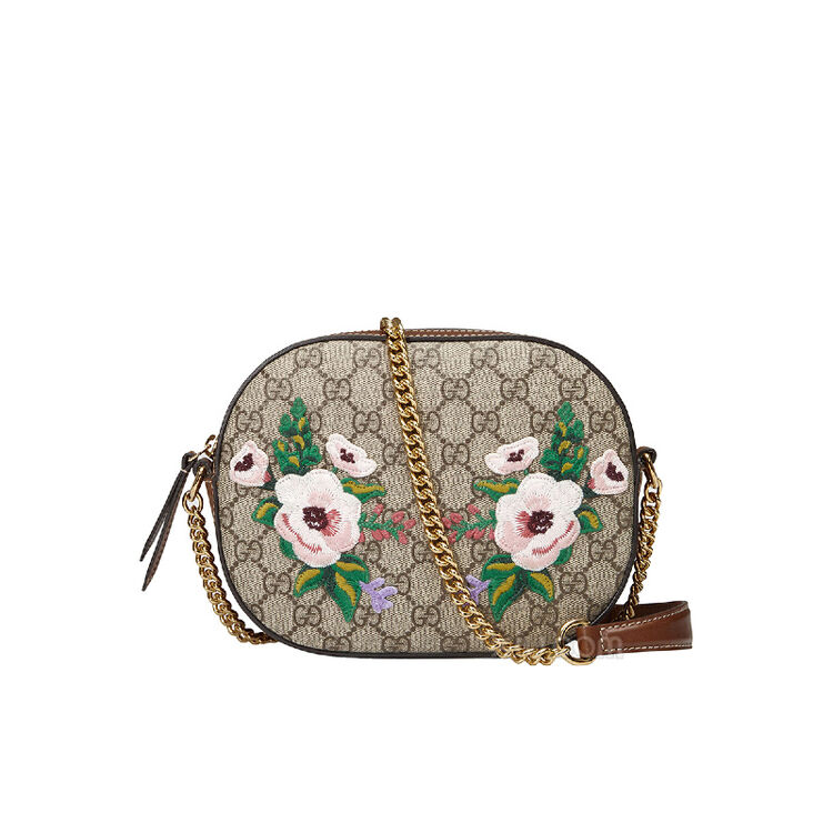 gucci 古驰 女士格纹刺绣花朵单肩包 卡其色 f