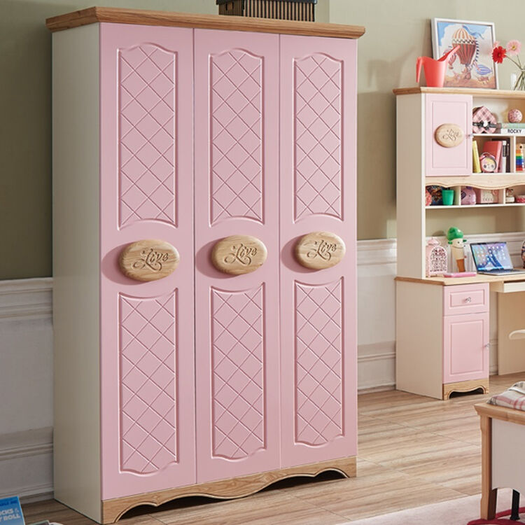 家具环保三门青少年女孩公主粉色衣柜木质粉红衣柜 粉白色三门衣柜 三