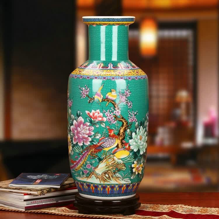 景德镇陶瓷花瓶 珐琅彩牡丹花鸟凤凰落地大花瓶 家居工艺装饰摆件 绿