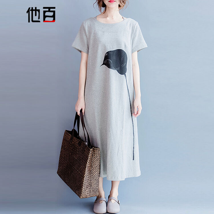 他百2018夏季新品短袖韩版200斤胖mm女装一枝花宽松舒适棉中长款t恤