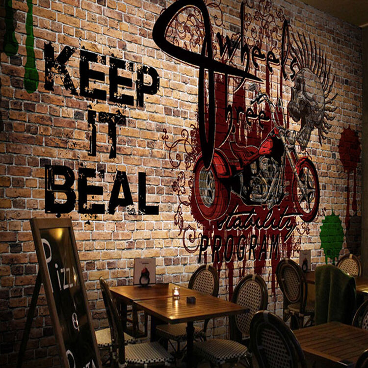 六纹鱼 复古怀旧壁画3d砖墙酒吧涂鸦做旧壁纸工业风餐厅网咖ktv背景