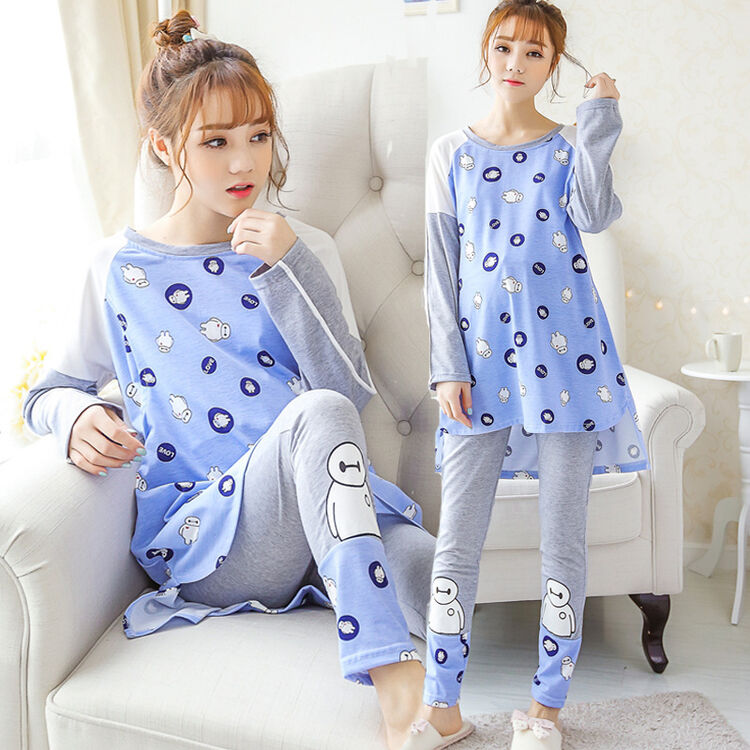 茹轩 孕妇装睡衣可哺乳套装韩版宽松外出哺乳衣长袖喂奶衣托腹裤家居