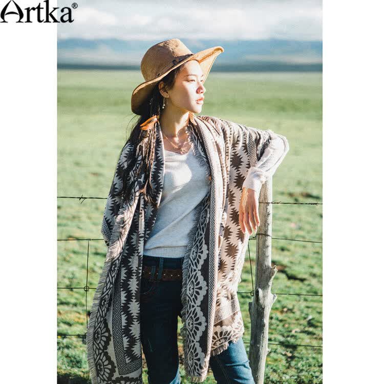 artka阿卡秋冬新品提花流苏平针时尚简洁大气围巾披肩女 花均