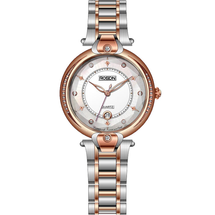 劳士顿(rosdn)女士手表 潮流时尚防水石英表 镶钻钢带女表 3236 间玫