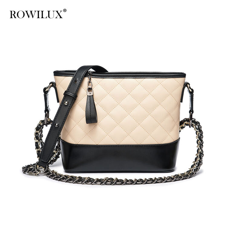 rowilux罗威奢品单肩手提包女 秋冬新品牛皮时尚休闲水桶包横款菱格