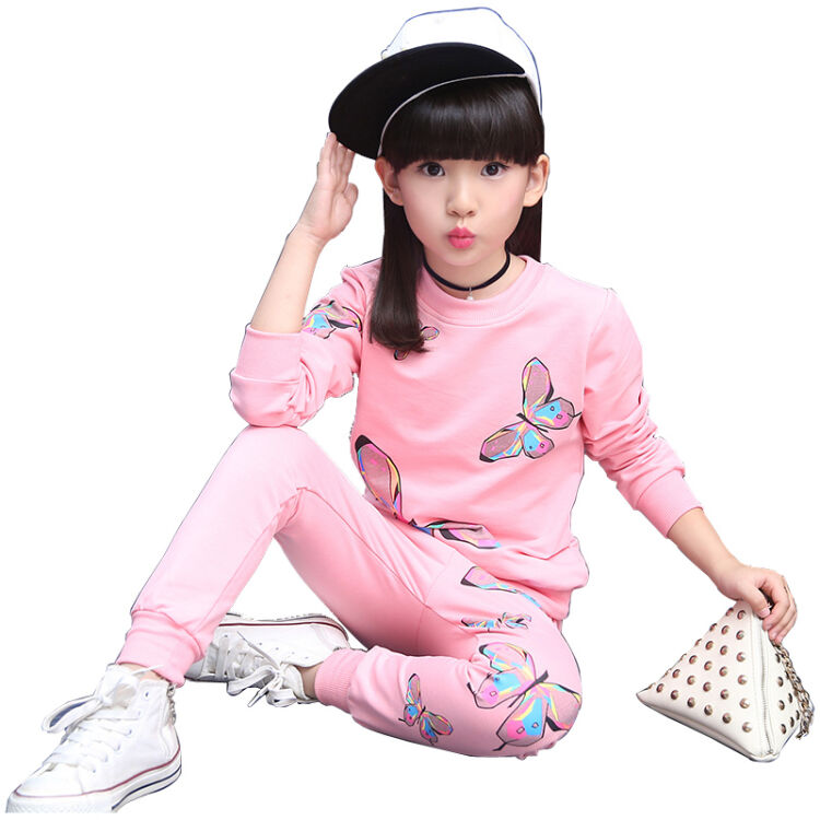 牧马熊童装女童套装秋季新款中大童运动休闲两件套儿童套装 粉色 130
