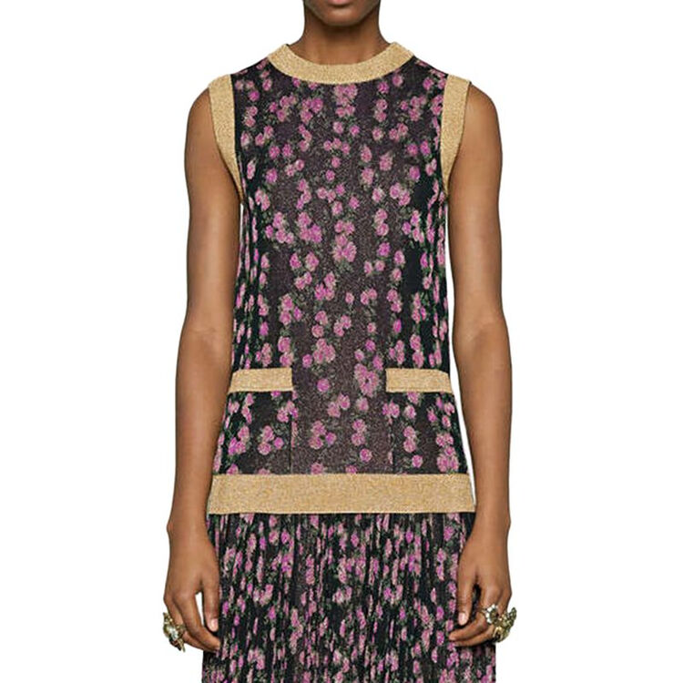 gucci古驰古奇女装上装上衣无袖 女士提花图案针织衫 黑色紫色493502