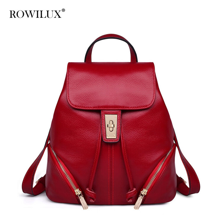 rowilux罗威奢品双肩包女 秋冬新品牛皮时尚简约旅行包大容量竖款金属