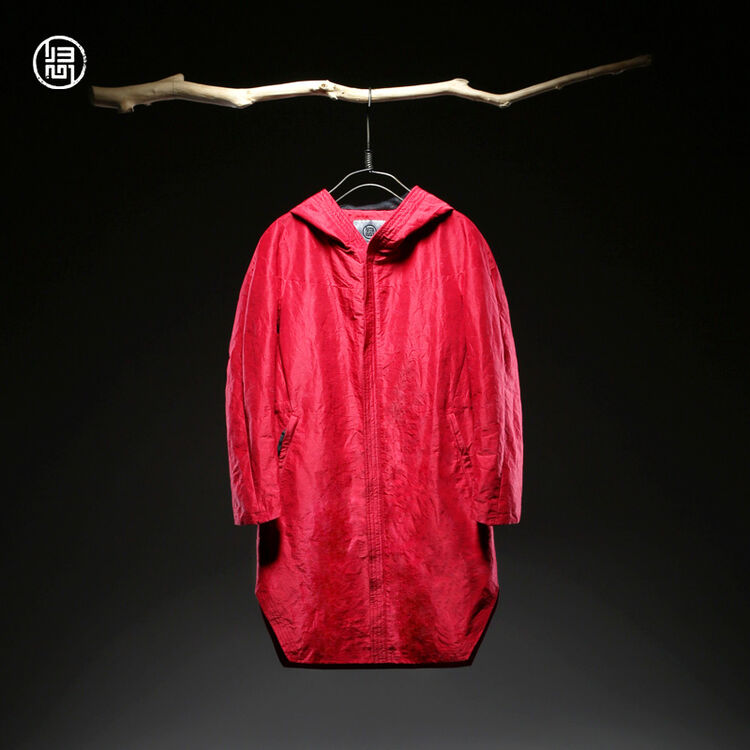 风衣男中长款设计师原创中国风男装丝麻秋新款男风衣连帽外套 丹红色